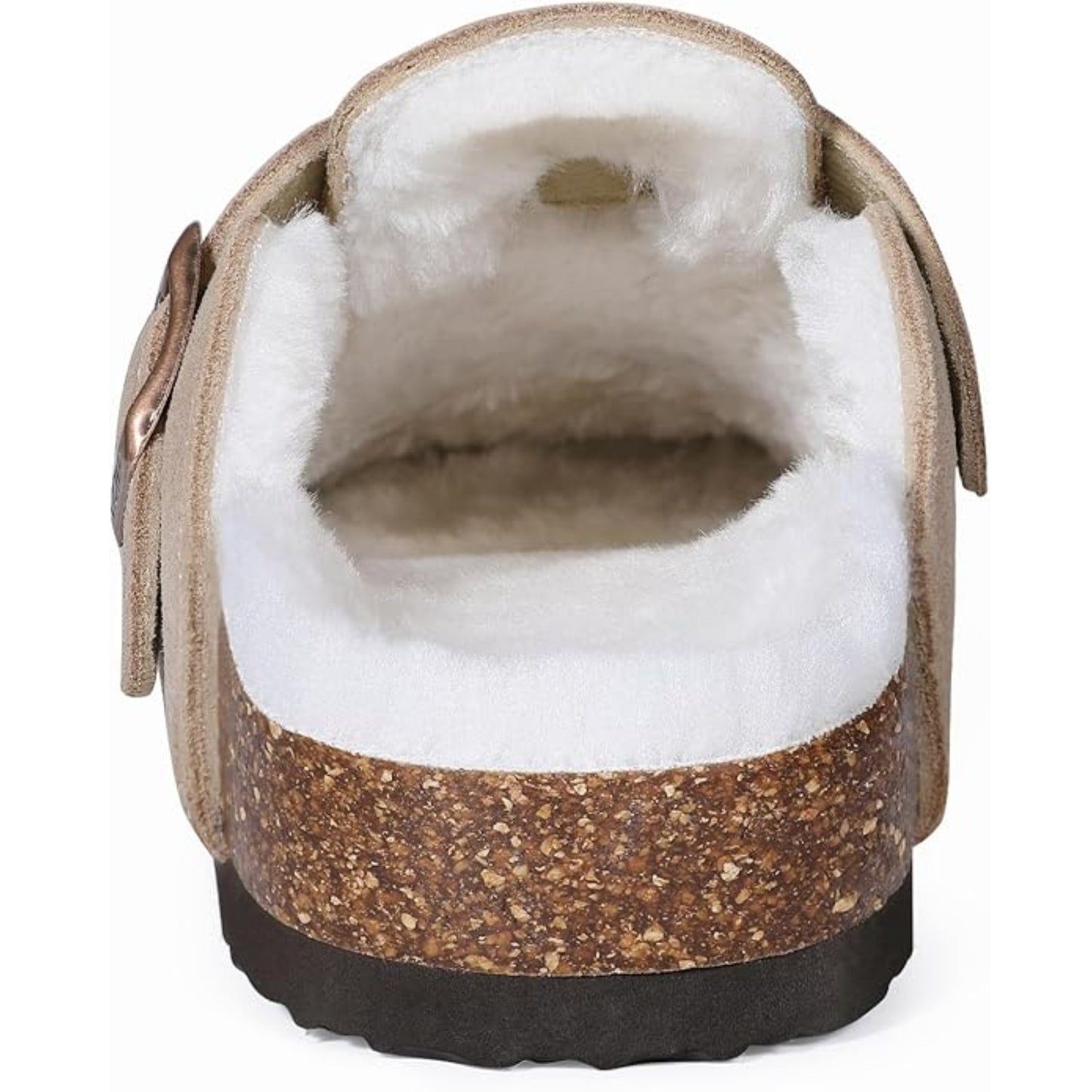 Close-up of a brown clog shoe with white fur lining on a white background