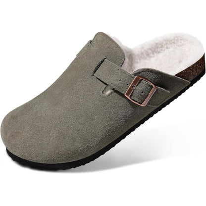 Gray suede clog with a brown buckle on a white background